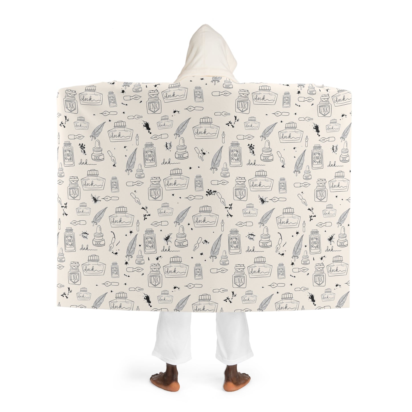 Tortured Poets Inspired Black and White Hooded Sherpa Fleece Blanket | 70.5" x 52" | Swiftie Gift Fan Present | ink, pen, feathers, writer