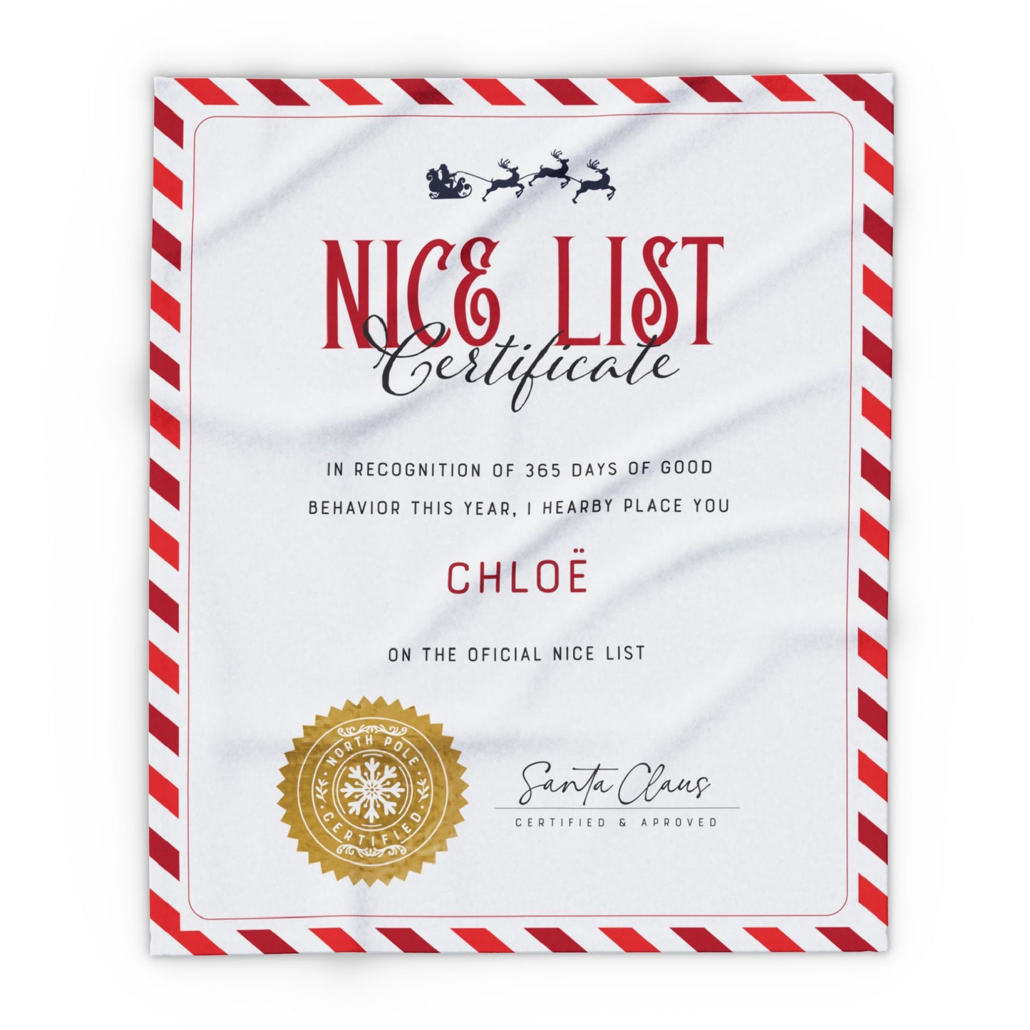 NICE LIST Announcement Personalized Fleece BLANKET | Custom Name Certificate | Candy Cane Frame, Gold Santa Seal | 30x40", 50x60" and 60x80"