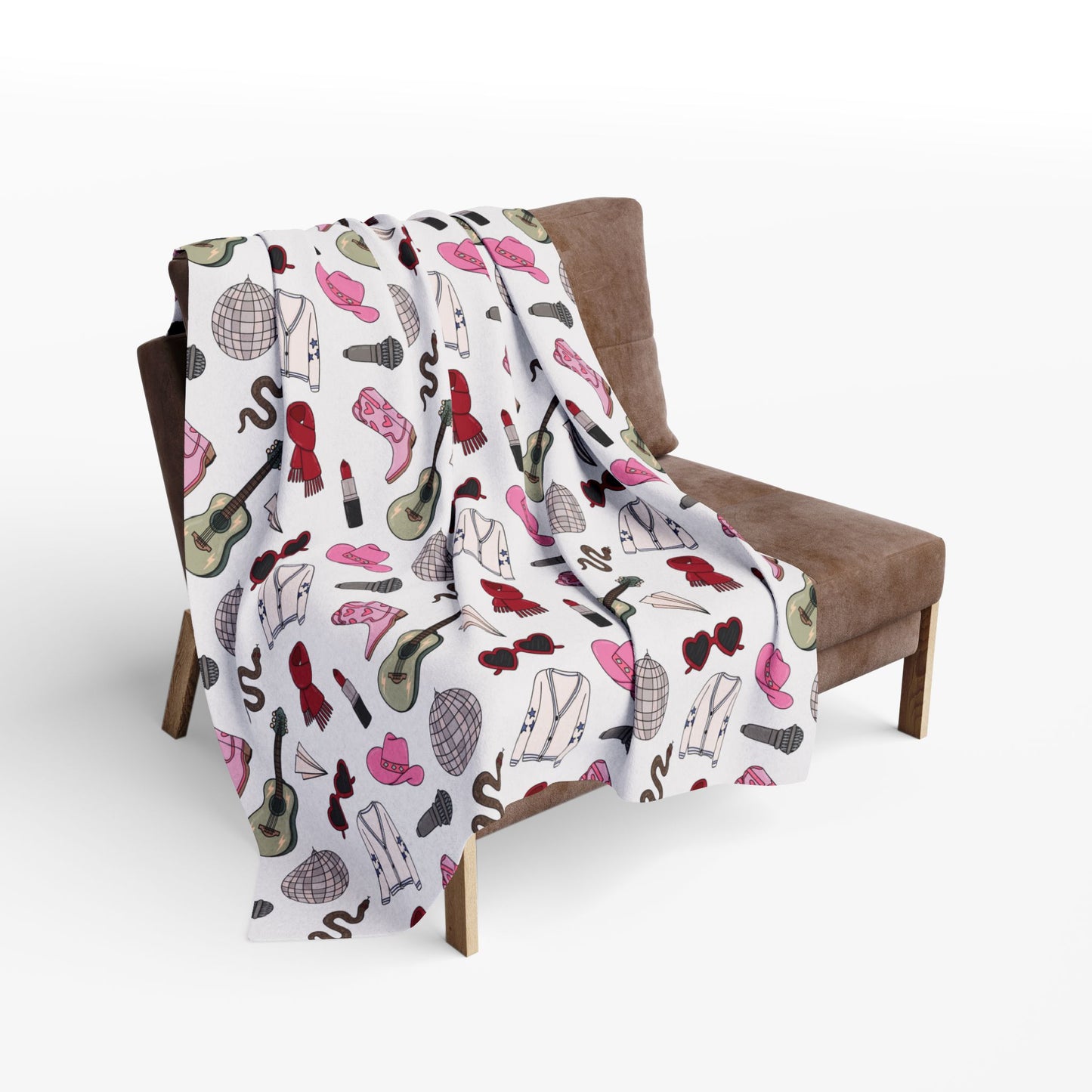 Eras Inspired White Arctic Fleece Blanket | 30x40", 50x60", 60x80" | Swiftie Gift Fan | Scarf, Guitar, Disco Ball, Cardigan, Pink Boots Hat