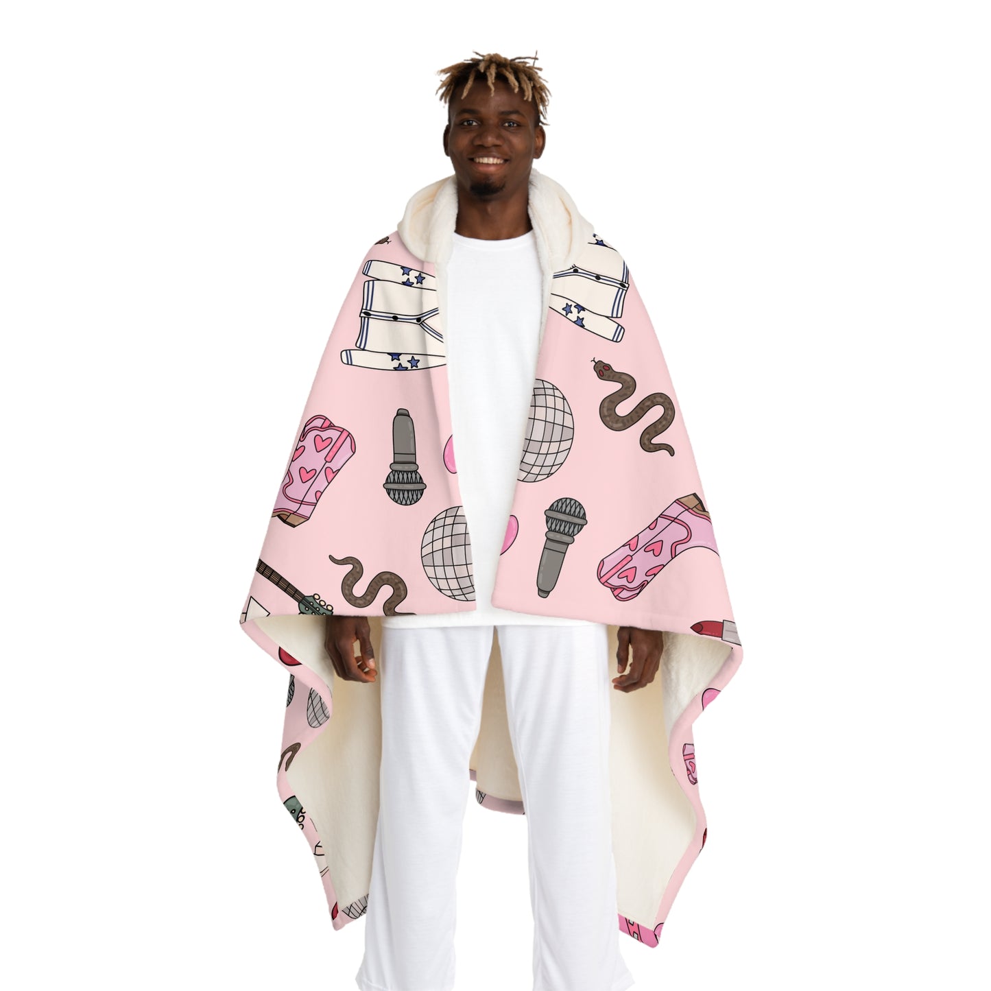 Eras Inspired PINK Hooded Sherpa Fleece Blanket | 70.5" x 52" | Swiftie Gift | All Too Well Scarf, Guitar, Disco Ball, Cardigan, Boots Hat