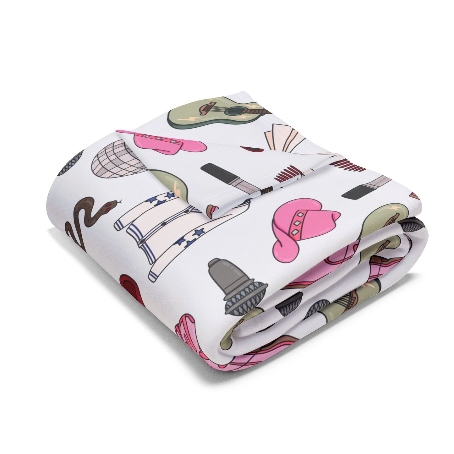 Eras Inspired White Arctic Fleece Blanket | 30x40", 50x60", 60x80" | Swiftie Gift Fan | Scarf, Guitar, Disco Ball, Cardigan, Pink Boots Hat