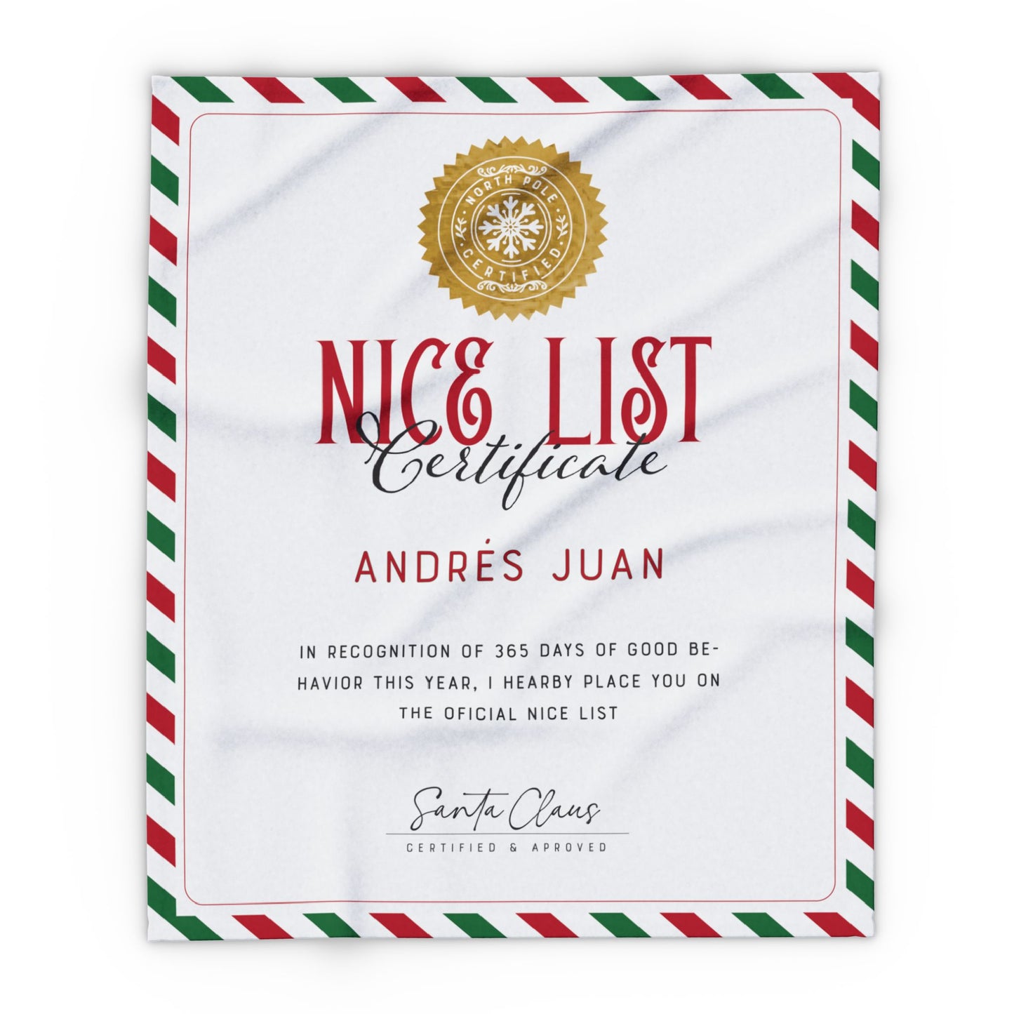NICE LIST Announcement Personalized Fleece BLANKET | Custom Name Certificate | Candy Cane Frame, Gold Santa Seal | 30x40", 50x60" and 60x80"