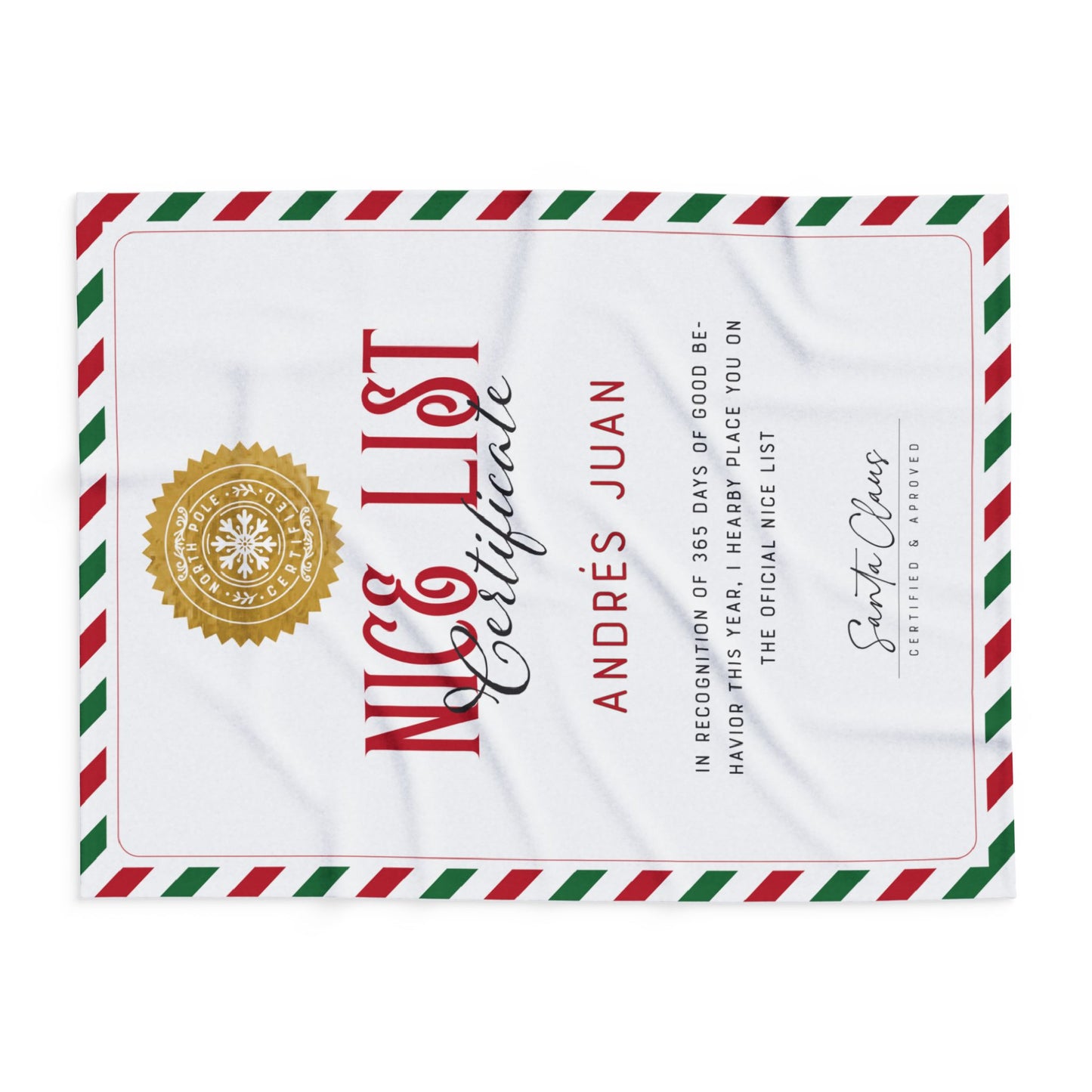 NICE LIST Announcement Personalized Fleece BLANKET | Custom Name Certificate | Candy Cane Frame, Gold Santa Seal | 30x40", 50x60" and 60x80"