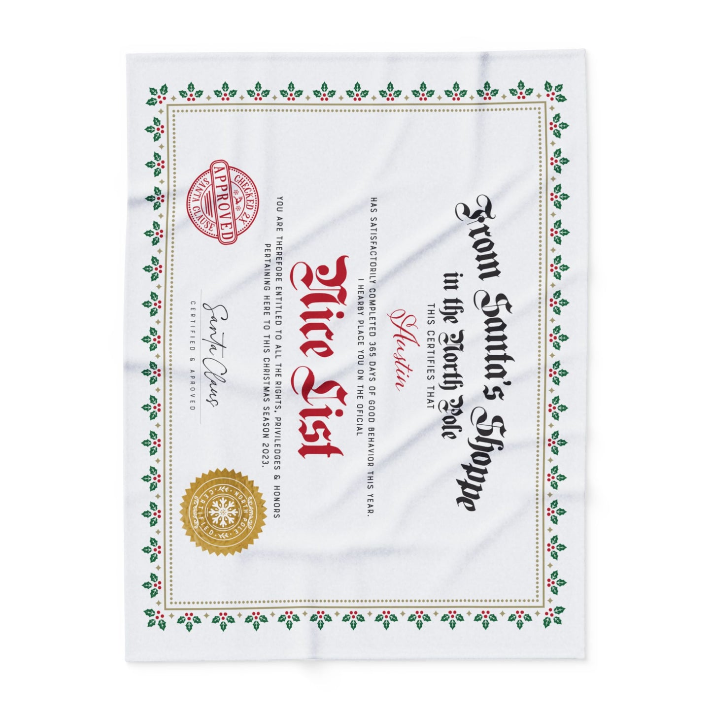 Personalized Fleece BLANKET | Custom Name NICE LIST Certificate Greenery Frame Diploma with Gold santa Seal | 30x40", 50x60" and 60x80"