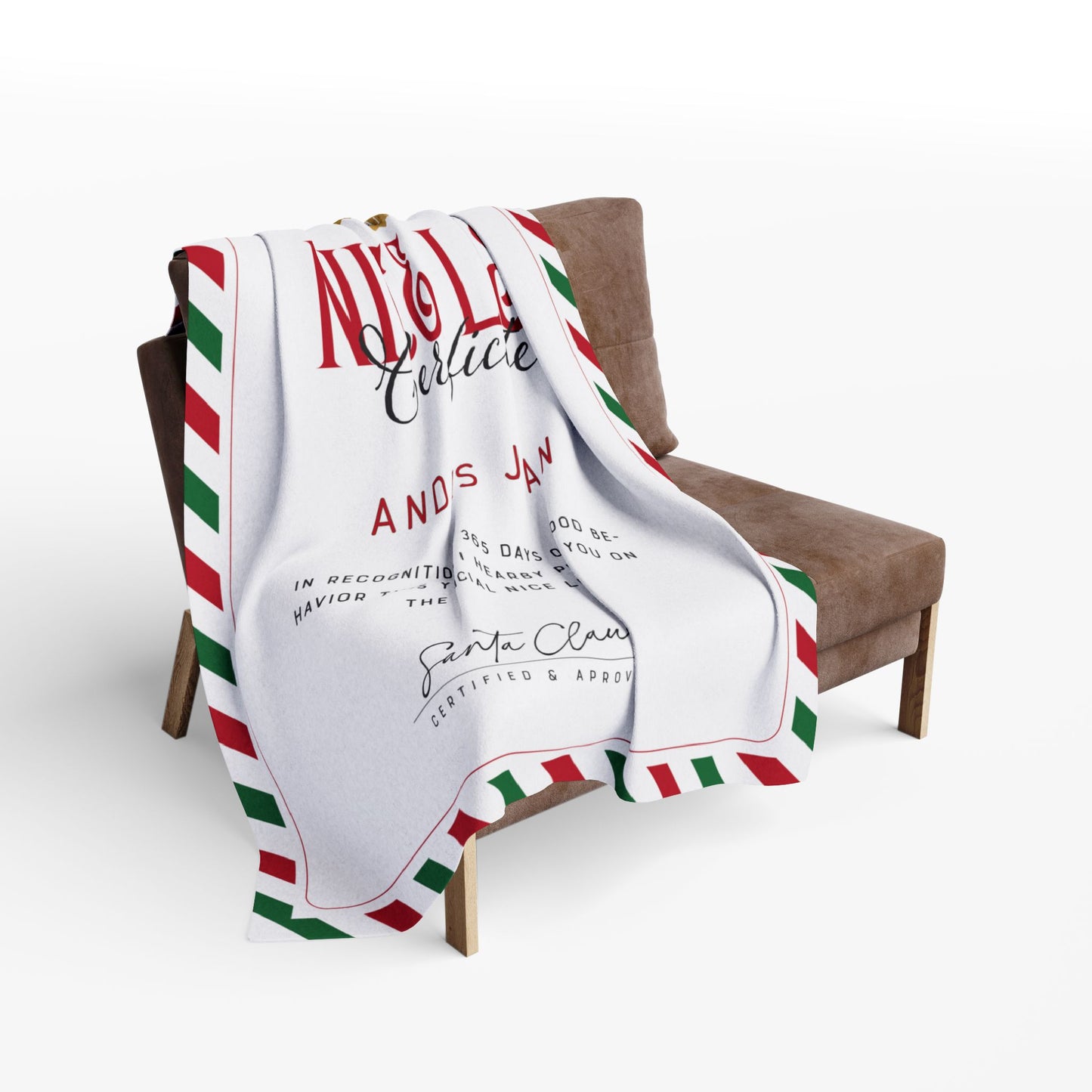 NICE LIST Announcement Personalized Fleece BLANKET | Custom Name Certificate | Candy Cane Frame, Gold Santa Seal | 30x40", 50x60" and 60x80"