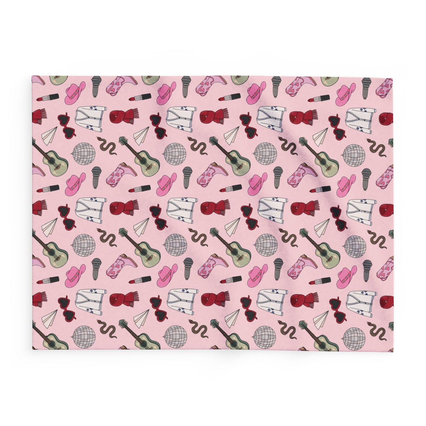Eras Inspired PINK Arctic Fleece Blanket | 50x60", 60x80" | Swiftie Gift Fan | All Too Well Scarf, Guitar, Disco Ball, Cardigan, Boots, Hat