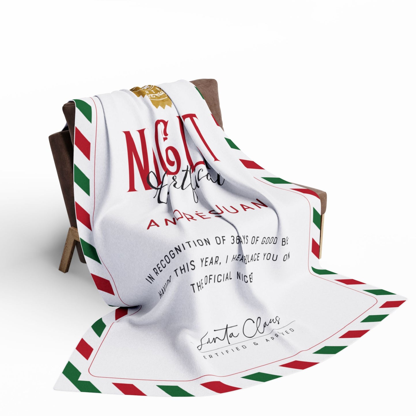 NICE LIST Announcement Personalized Fleece BLANKET | Custom Name Certificate | Candy Cane Frame, Gold Santa Seal | 30x40", 50x60" and 60x80"