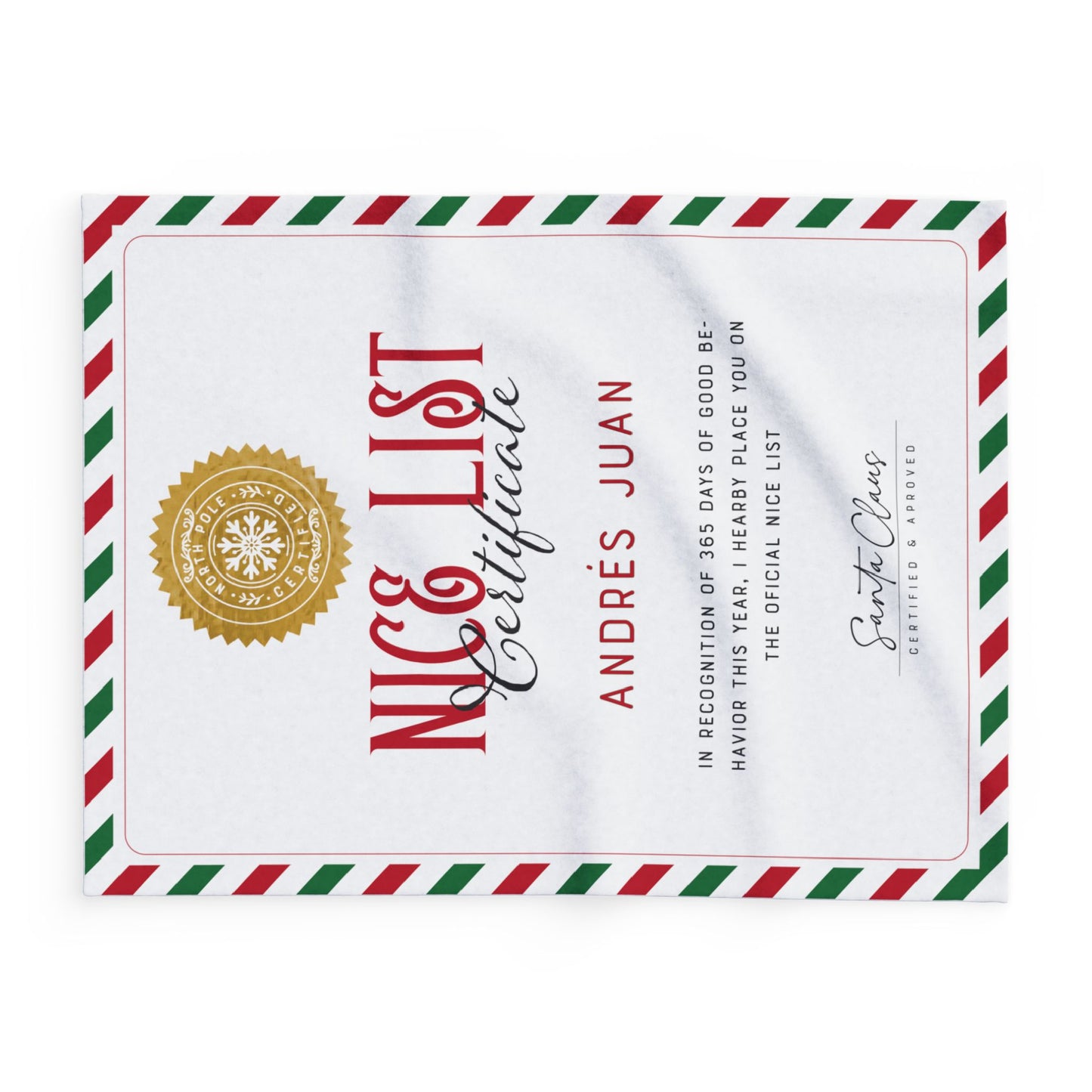 NICE LIST Announcement Personalized Fleece BLANKET | Custom Name Certificate | Candy Cane Frame, Gold Santa Seal | 30x40", 50x60" and 60x80"
