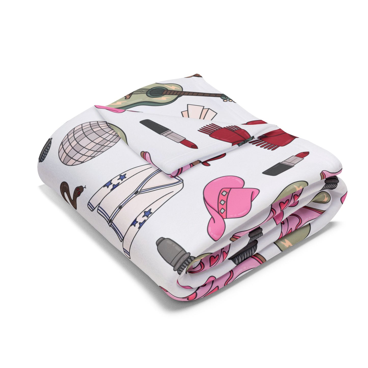 Eras Inspired White Arctic Fleece Blanket | 30x40", 50x60", 60x80" | Swiftie Gift Fan | Scarf, Guitar, Disco Ball, Cardigan, Pink Boots Hat