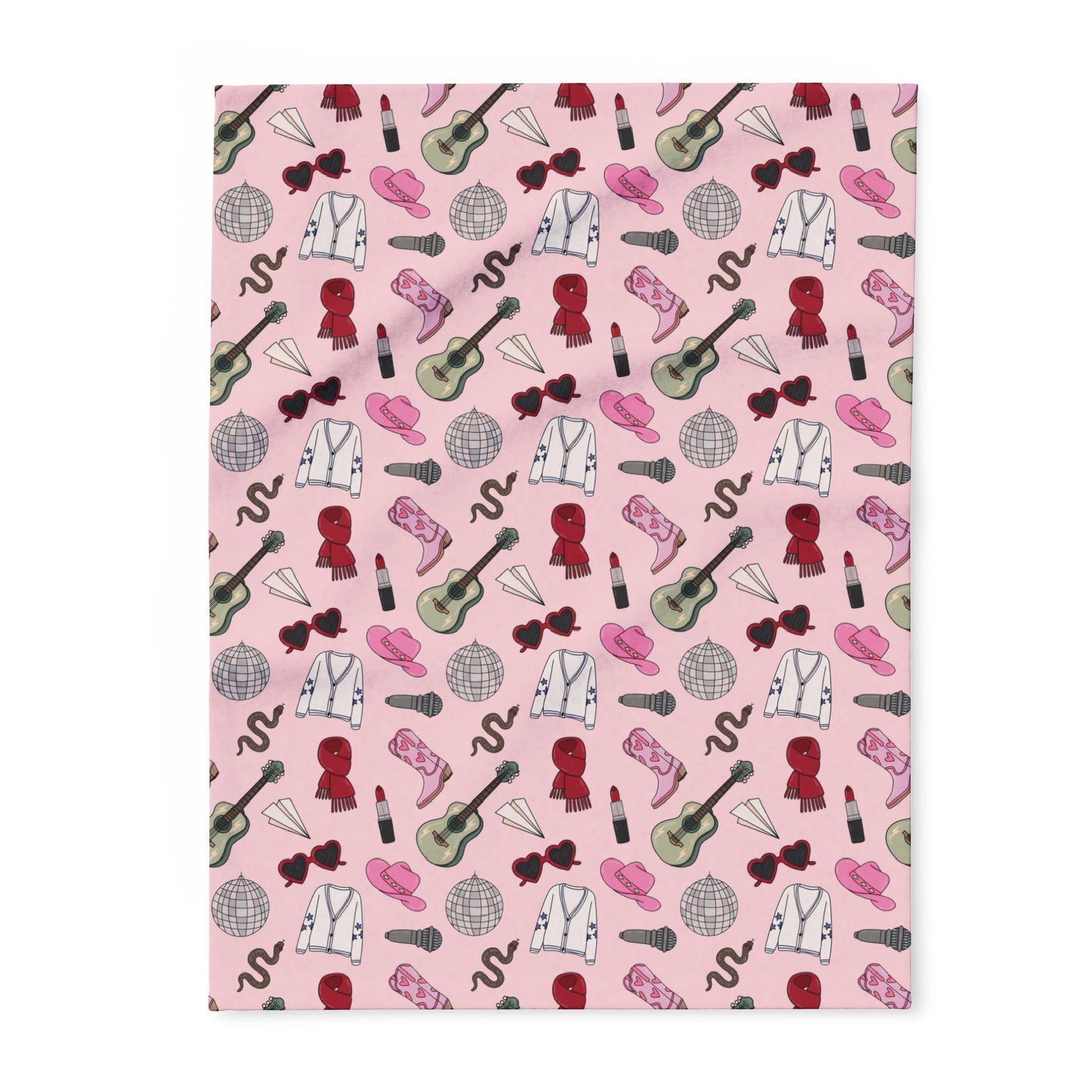 Eras Inspired PINK Arctic Fleece Blanket | 50x60", 60x80" | Swiftie Gift Fan | All Too Well Scarf, Guitar, Disco Ball, Cardigan, Boots, Hat