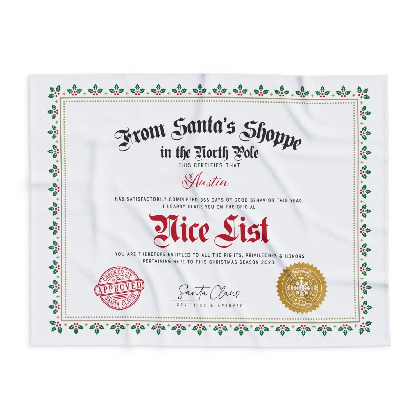 Personalized Fleece BLANKET | Custom Name NICE LIST Certificate Greenery Frame Diploma with Gold santa Seal | 30x40", 50x60" and 60x80"