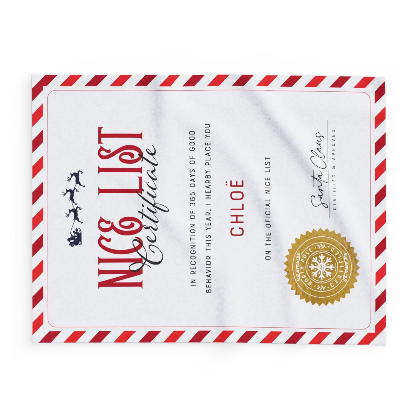 NICE LIST Announcement Personalized Fleece BLANKET | Custom Name Certificate | Candy Cane Frame, Gold Santa Seal | 30x40", 50x60" and 60x80"