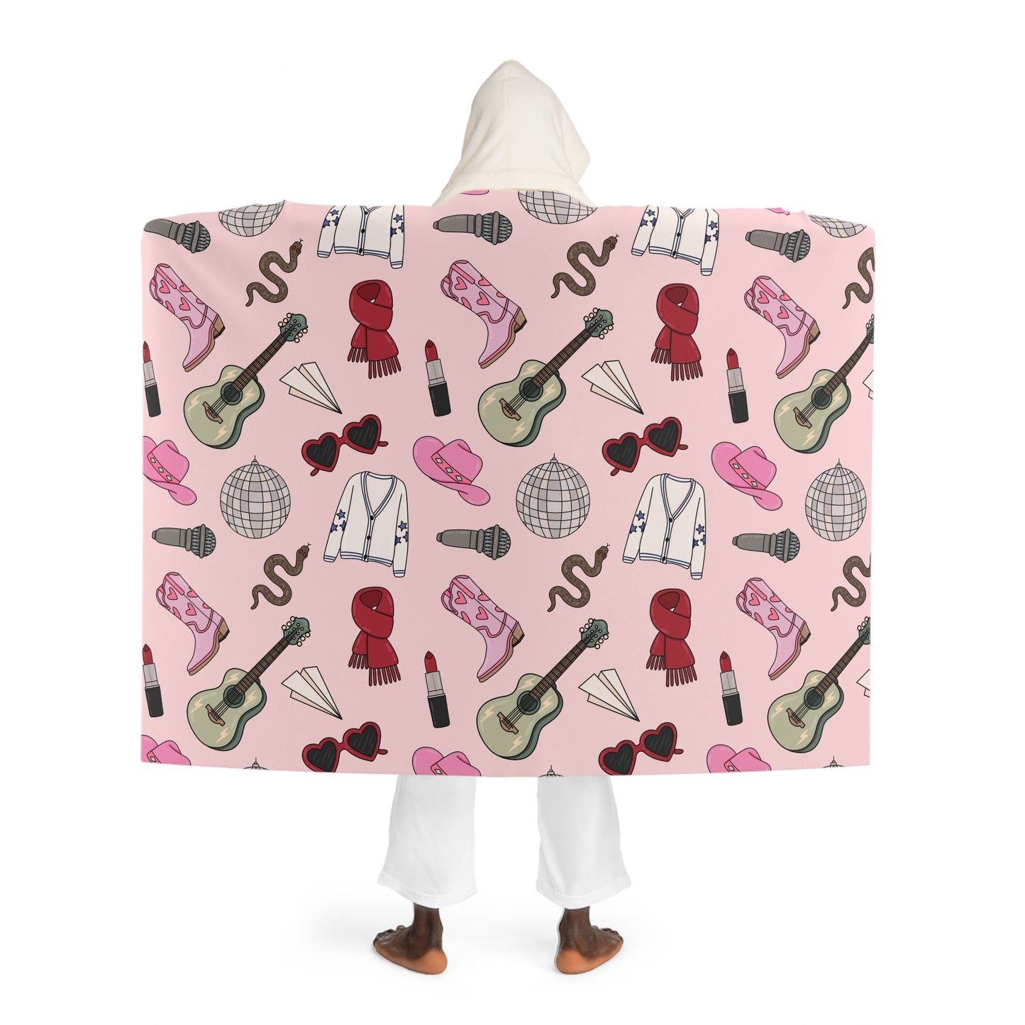 Eras Inspired PINK Hooded Sherpa Fleece Blanket | 70.5" x 52" | Swiftie Gift | All Too Well Scarf, Guitar, Disco Ball, Cardigan, Boots Hat