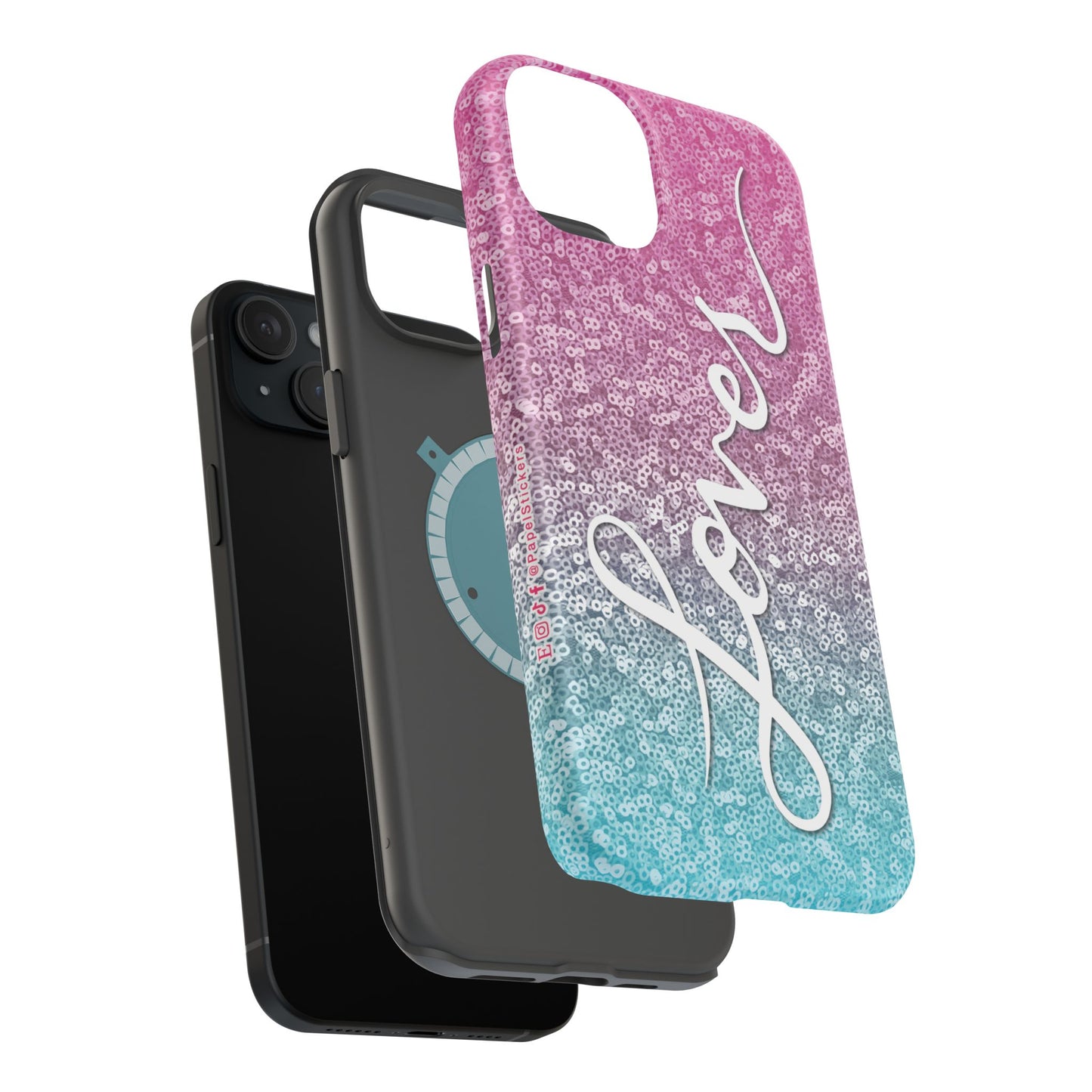 MagSafe Tough Cases | LOVER Pink Blue SEQUIN Glitter | iPhone 15, 14, 13 | Perfect Unique Valentine's Day Gift for Wife, Girlfriend