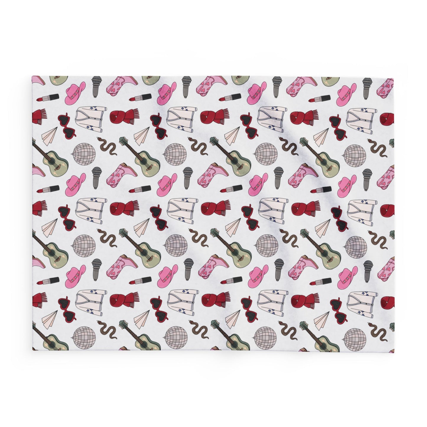 Eras Inspired White Arctic Fleece Blanket | 30x40", 50x60", 60x80" | Swiftie Gift Fan | Scarf, Guitar, Disco Ball, Cardigan, Pink Boots Hat