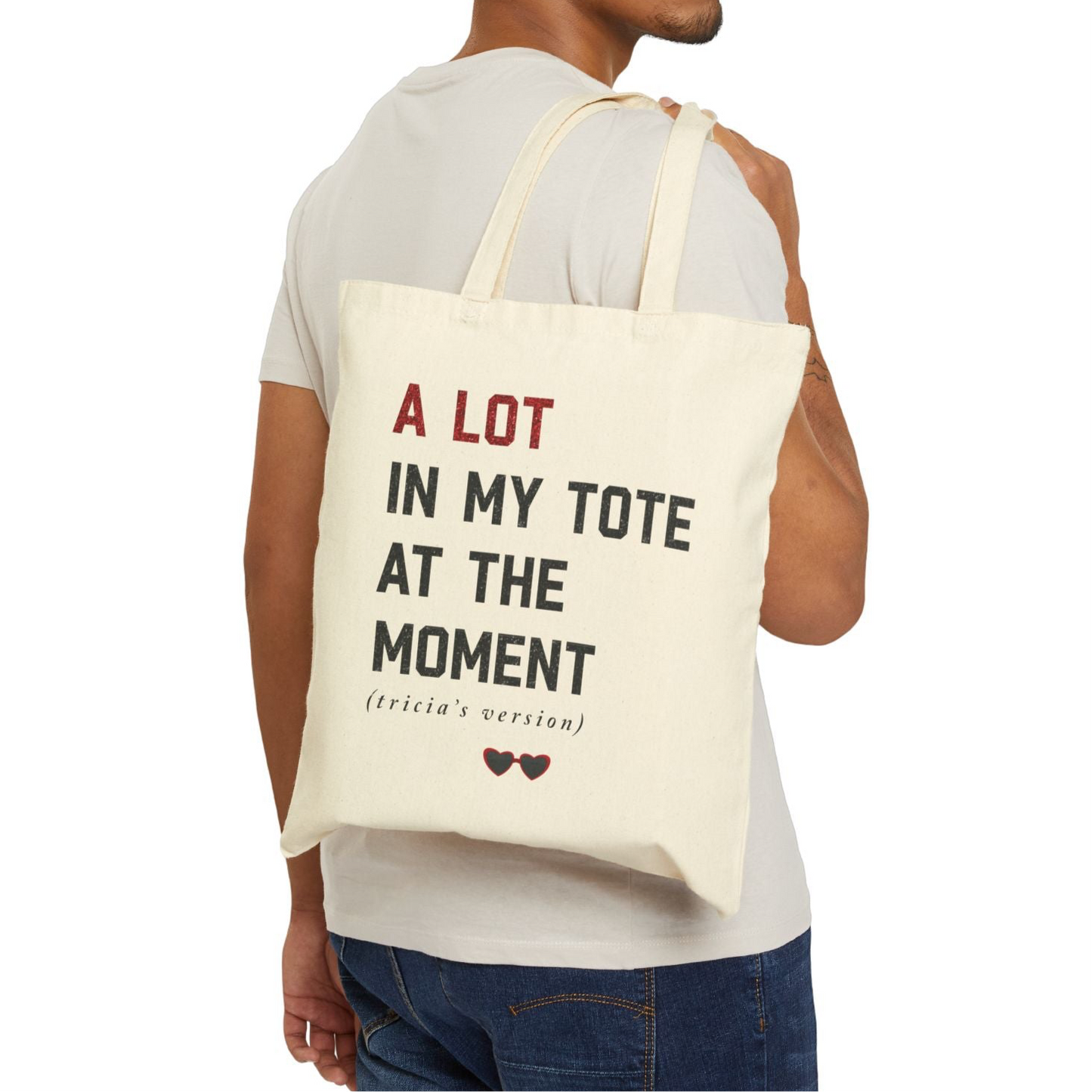 15" x 16" Cotton Canvas Bag | A Lot In My Tote At The Moment FAUX Red Glitter Print | CUSTOM PHRASE Era Available | Swiftie Trick or Treat