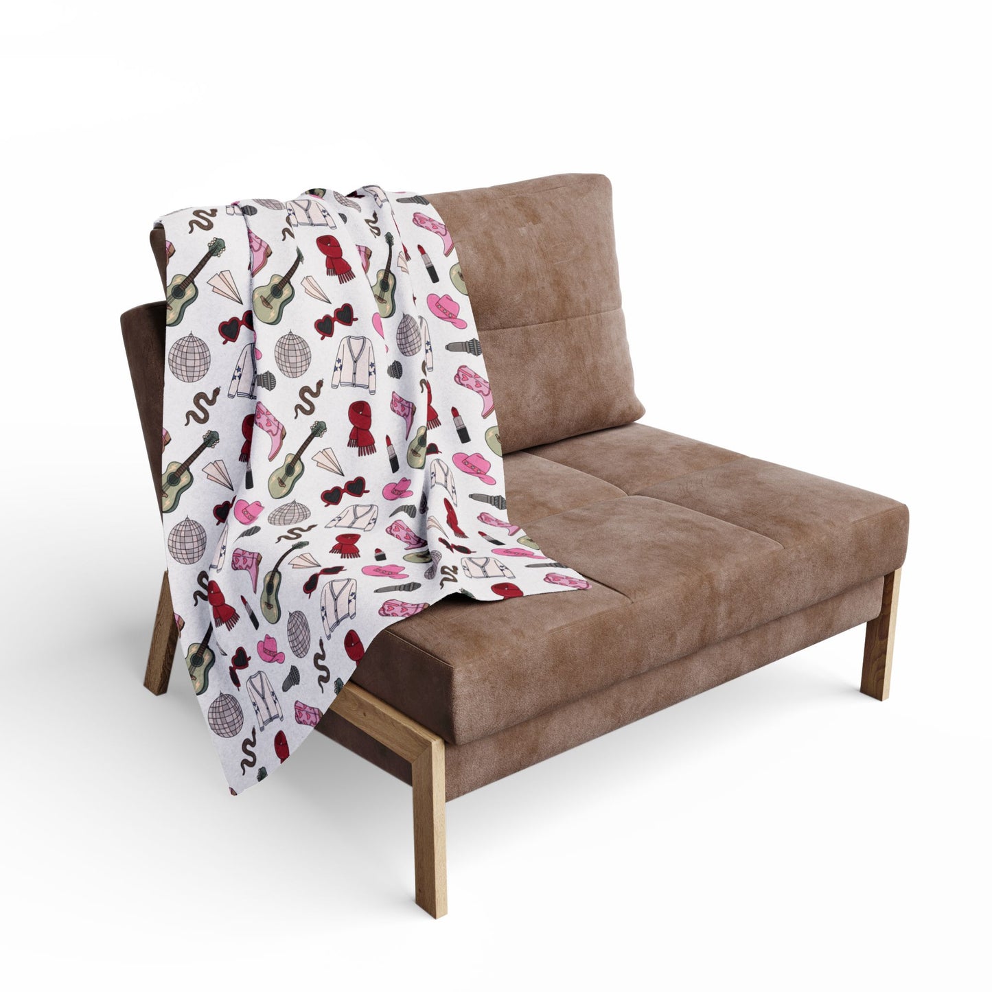 Eras Inspired White Arctic Fleece Blanket | 30x40", 50x60", 60x80" | Swiftie Gift Fan | Scarf, Guitar, Disco Ball, Cardigan, Pink Boots Hat