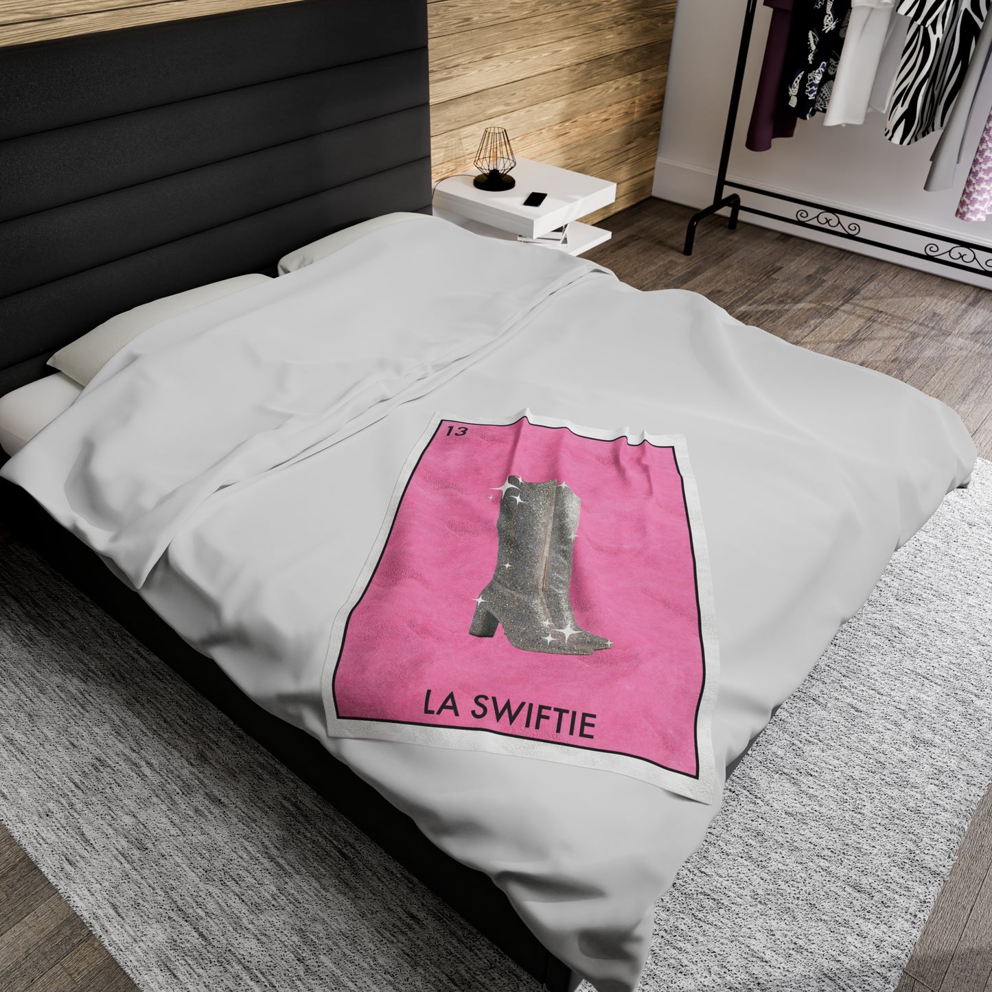 La SWIFTIE Loteria, Pink Plush Velveteen BLANKET | Glitter Silver Boots | 30x40", 50x60" and 60x80"