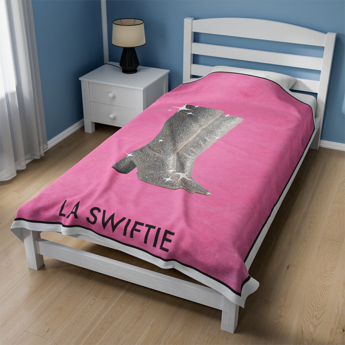 La SWIFTIE Loteria, Pink Plush Velveteen BLANKET | Glitter Silver Boots | 30x40", 50x60" and 60x80"