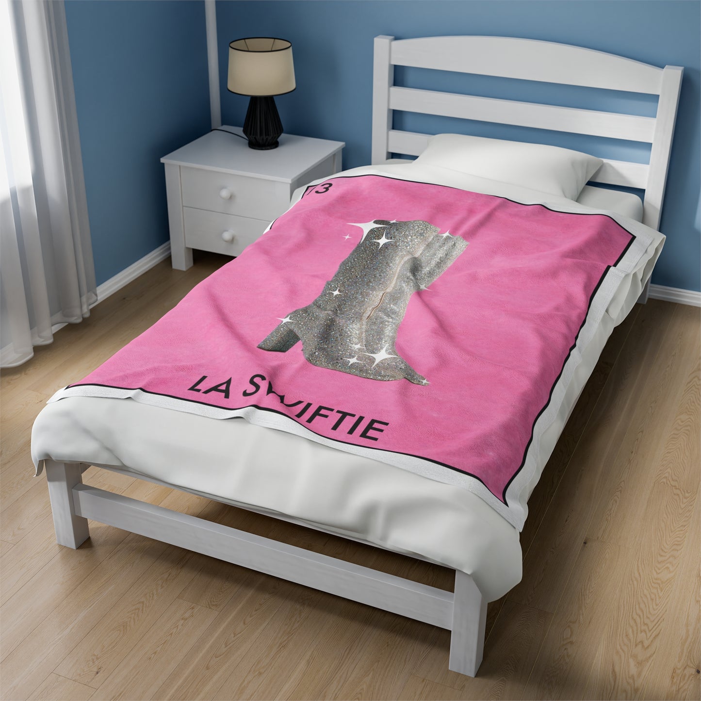 La SWIFTIE Loteria, Pink Plush Velveteen BLANKET | Glitter Silver Boots | 30x40", 50x60" and 60x80"