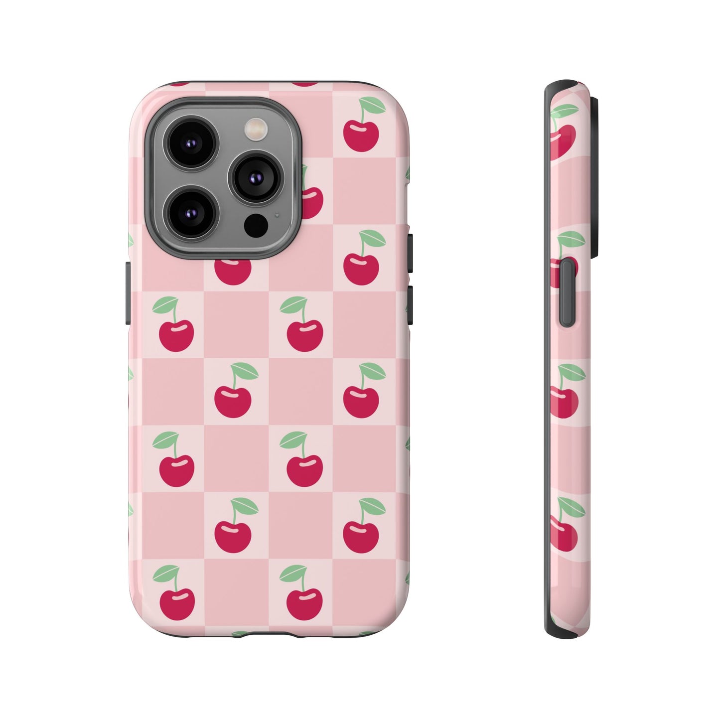 Pink Checkered Cherry Tough iPhone Cases | iPhone 15, 14, 13, 12-7 | Samsung Galaxy | Google Pixel