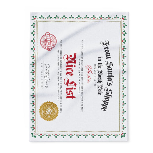 Personalized Fleece BLANKET | Custom Name NICE LIST Certificate Greenery Frame Diploma with Gold santa Seal | 30x40", 50x60" and 60x80"