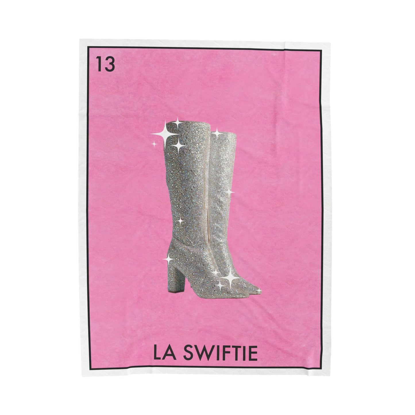 La SWIFTIE Loteria, Pink Plush Velveteen BLANKET | Glitter Silver Boots | 30x40", 50x60" and 60x80"