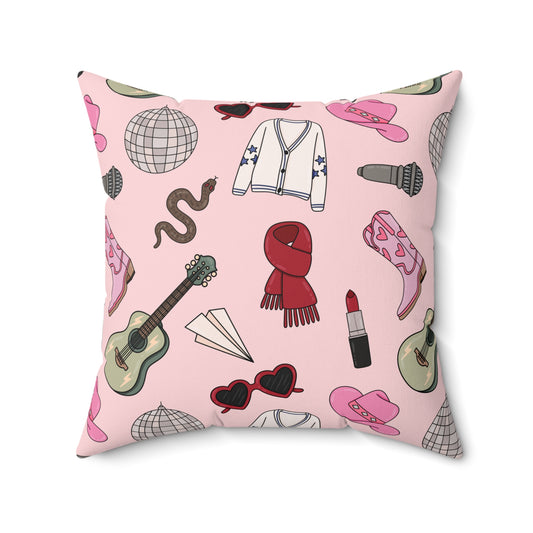 Eras Inspired PINK Spun Polyester Square Pillow | 14x14, 16x16, 18x18, and 20x20 inches | Swiftie Gift Fan Present | All Too Well Scarf