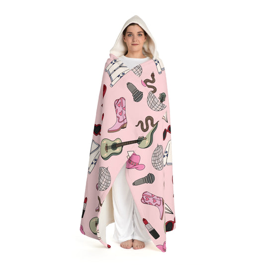 Eras Inspired PINK Hooded Sherpa Fleece Blanket | 70.5" x 52" | Swiftie Gift | All Too Well Scarf, Guitar, Disco Ball, Cardigan, Boots Hat