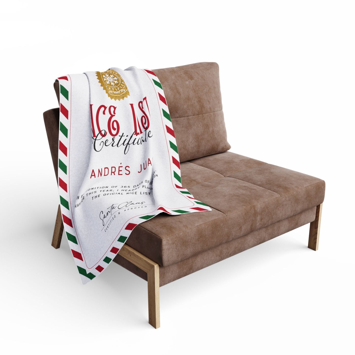 NICE LIST Announcement Personalized Fleece BLANKET | Custom Name Certificate | Candy Cane Frame, Gold Santa Seal | 30x40", 50x60" and 60x80"
