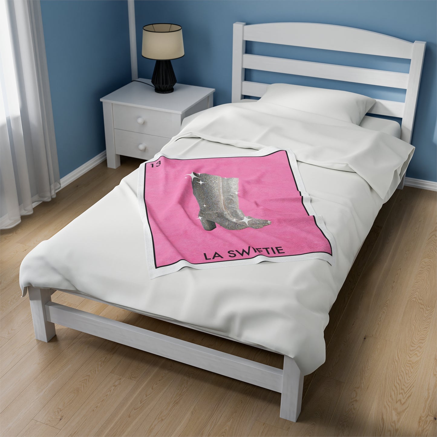 La SWIFTIE Loteria, Pink Plush Velveteen BLANKET | Glitter Silver Boots | 30x40", 50x60" and 60x80"