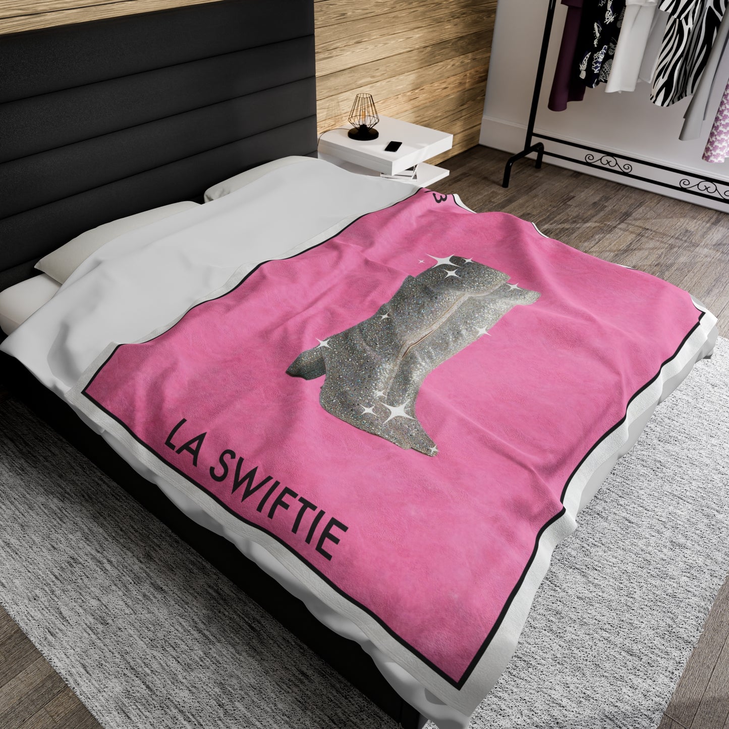 La SWIFTIE Loteria, Pink Plush Velveteen BLANKET | Glitter Silver Boots | 30x40", 50x60" and 60x80"