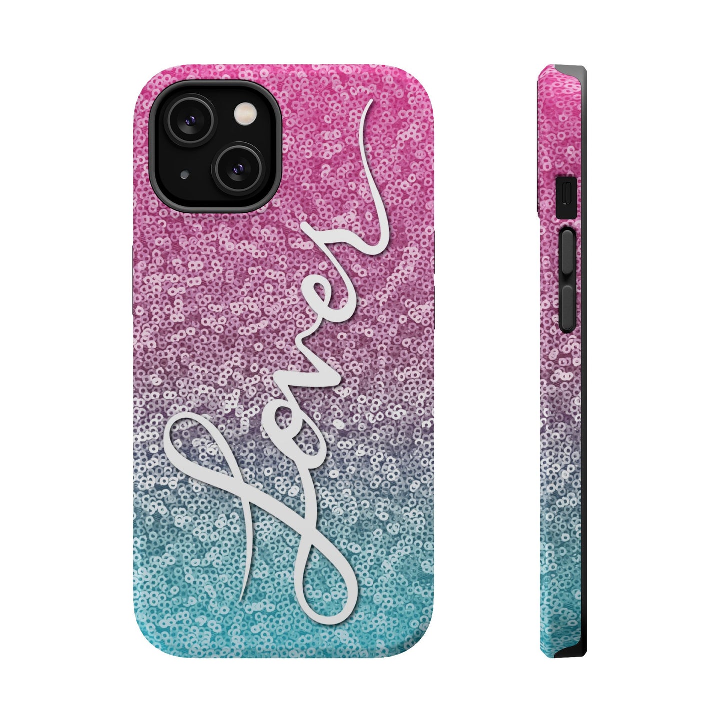 MagSafe Tough Cases | LOVER Pink Blue SEQUIN Glitter | iPhone 15, 14, 13 | Perfect Unique Valentine's Day Gift for Wife, Girlfriend