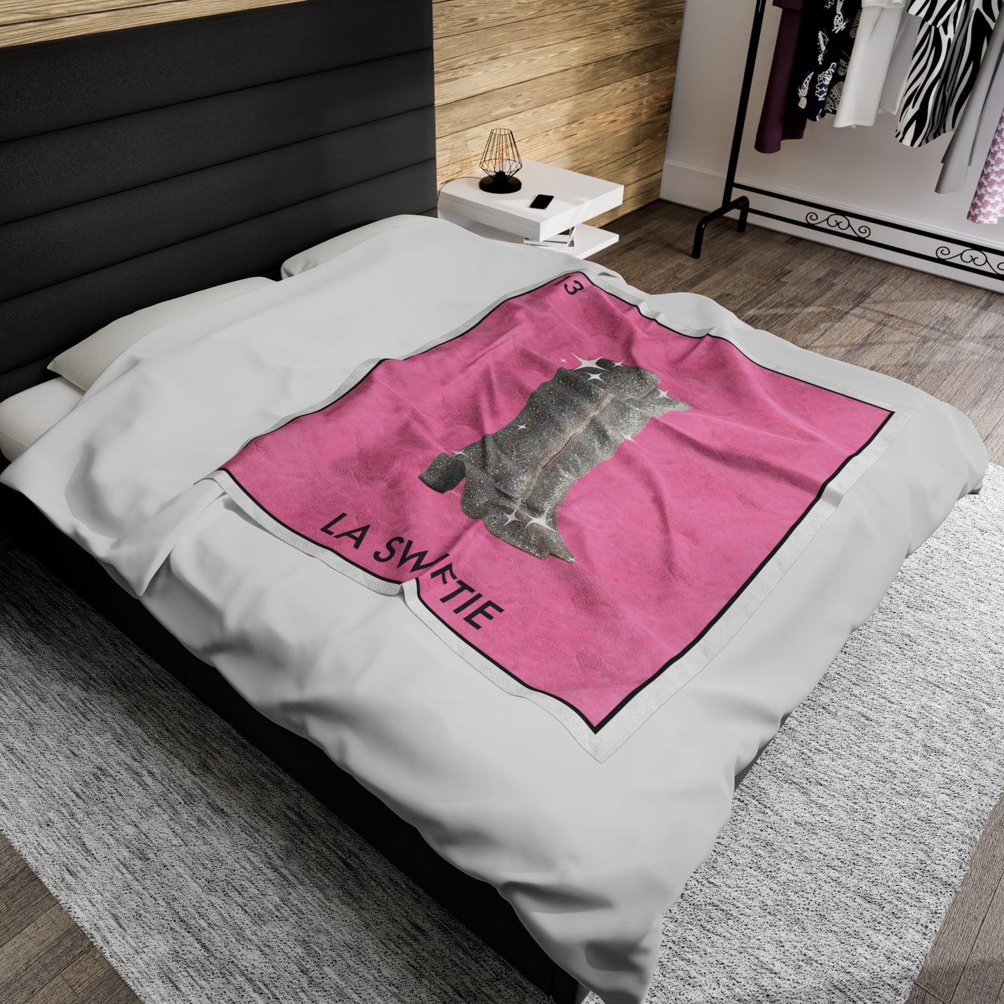 La SWIFTIE Loteria, Pink Plush Velveteen BLANKET | Glitter Silver Boots | 30x40", 50x60" and 60x80"