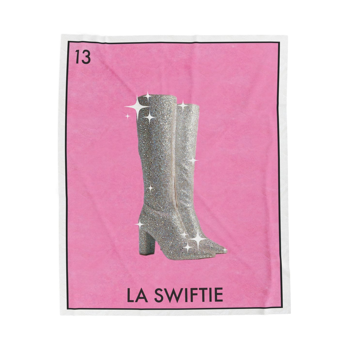 La SWIFTIE Loteria, Pink Plush Velveteen BLANKET | Glitter Silver Boots | 30x40", 50x60" and 60x80"