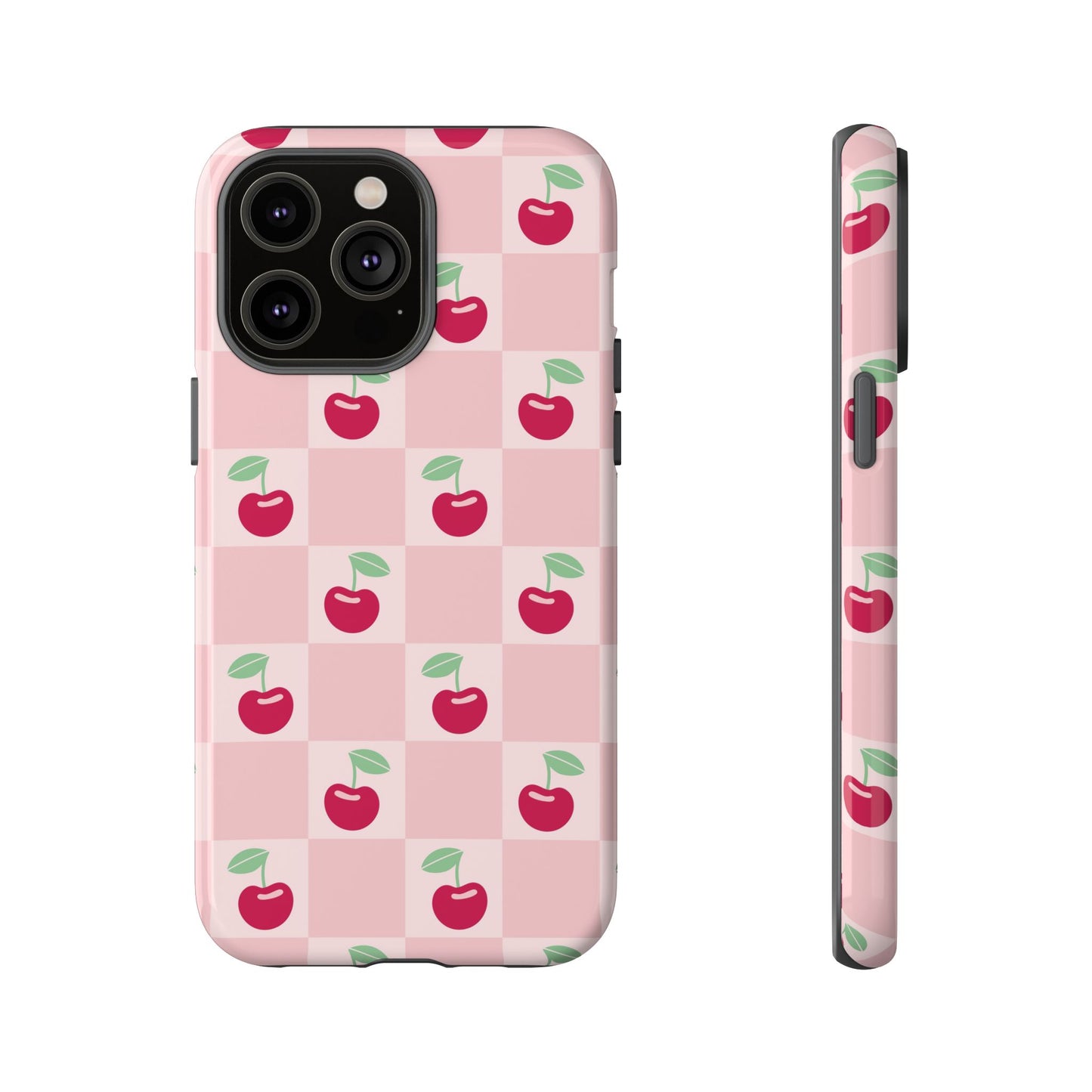 Pink Checkered Cherry Tough iPhone Cases | iPhone 15, 14, 13, 12-7 | Samsung Galaxy | Google Pixel