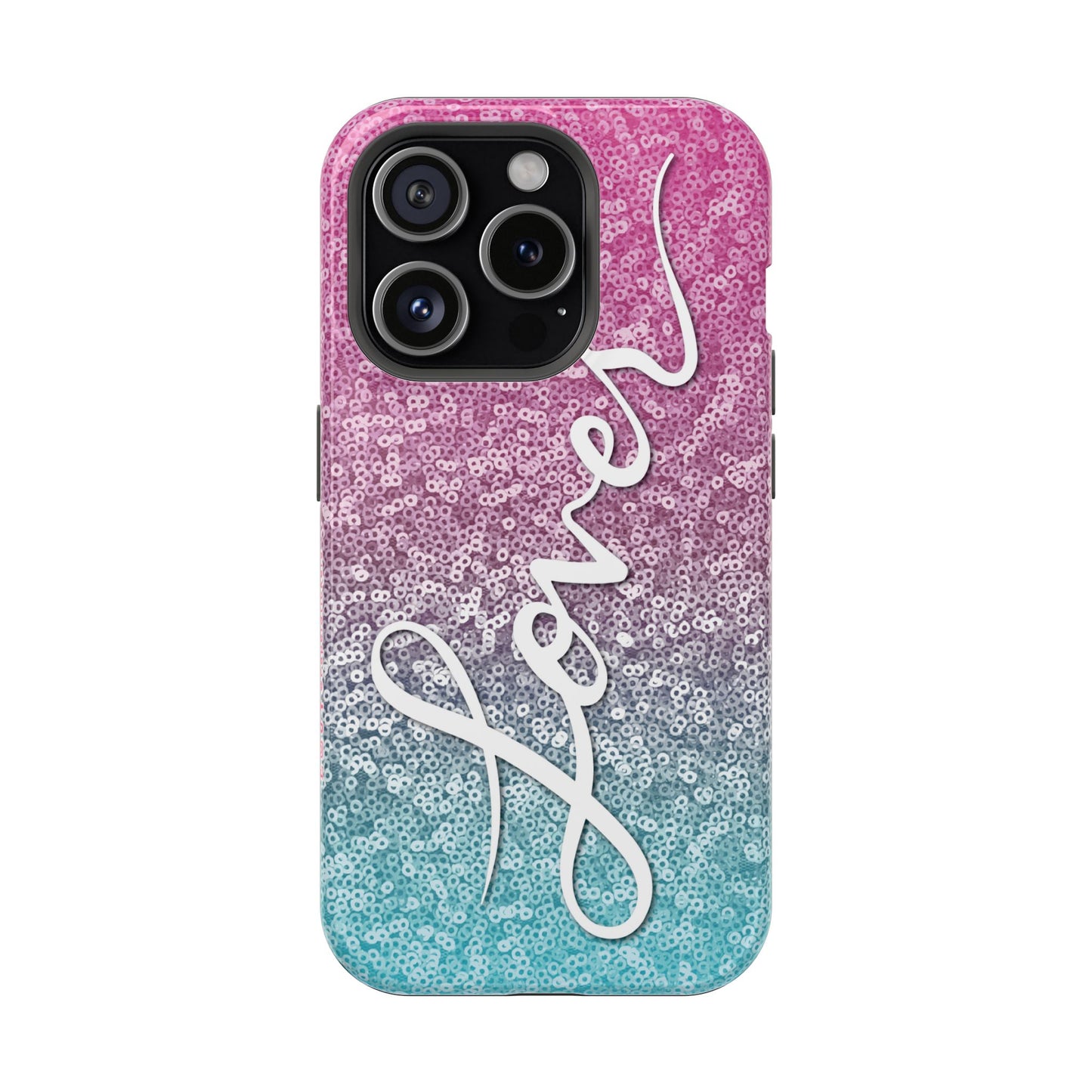 MagSafe Tough Cases | LOVER Pink Blue SEQUIN Glitter | iPhone 15, 14, 13 | Perfect Unique Valentine's Day Gift for Wife, Girlfriend