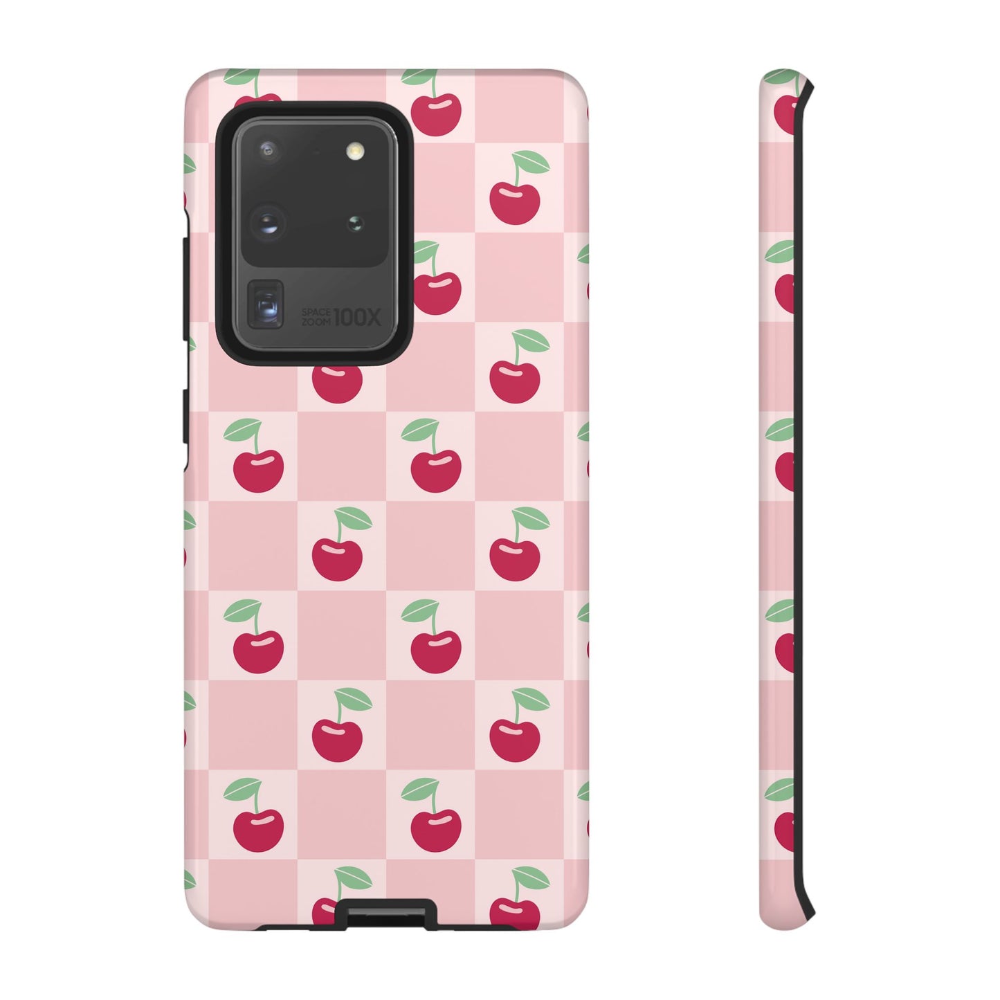 Pink Checkered Cherry Tough iPhone Cases | iPhone 15, 14, 13, 12-7 | Samsung Galaxy | Google Pixel