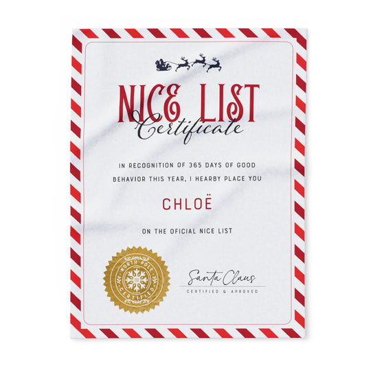 NICE LIST Announcement Personalized Fleece BLANKET | Custom Name Certificate | Candy Cane Frame, Gold Santa Seal | 30x40", 50x60" and 60x80"