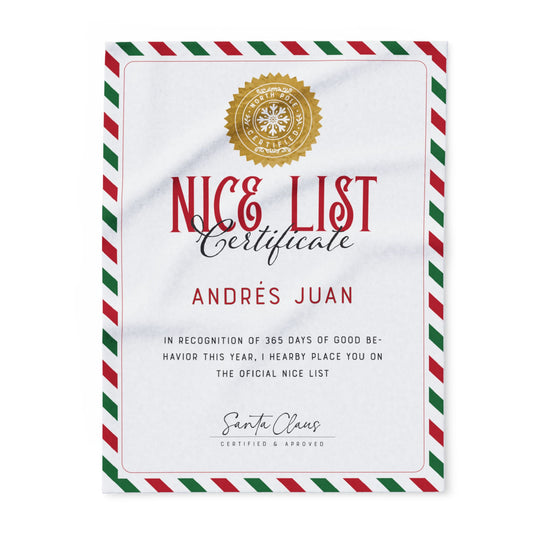 NICE LIST Announcement Personalized Fleece BLANKET | Custom Name Certificate | Candy Cane Frame, Gold Santa Seal | 30x40", 50x60" and 60x80"
