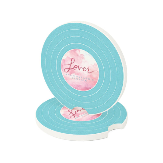 Personalized LOVER Blue Clouds Vinyl Record Soapstone Car Coaster, CUSTOM VERSION's Name | 2.6" x 2.6" round | Swiftie Fan Gift