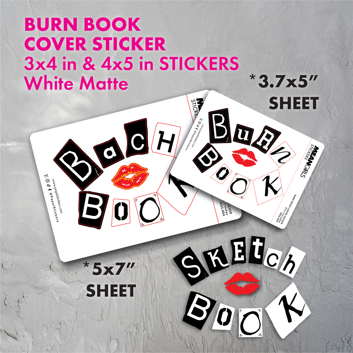 Mean Girls BURN BOOK COVER Stickers | White Matte Sticker Paper | For 5.5" x 8” inch Notebooks, For 8.5" x 11" inch Journals